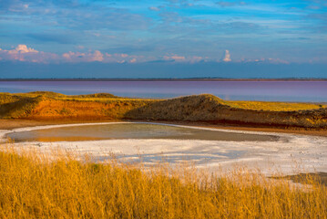 Fototapeta na wymiar Sasyk Sivash salt lake with pink water.