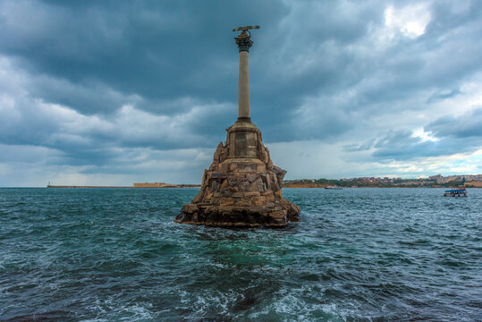 Monument to the sunken ships in a storm
