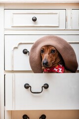 Dachshund hunting dog in a stylish and fashionable beige beret poses sitting on a shelf in a closet...
