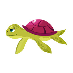 Cute sea turtle in cartoon style. Green turtle isolated on a white background. Vector mascot.