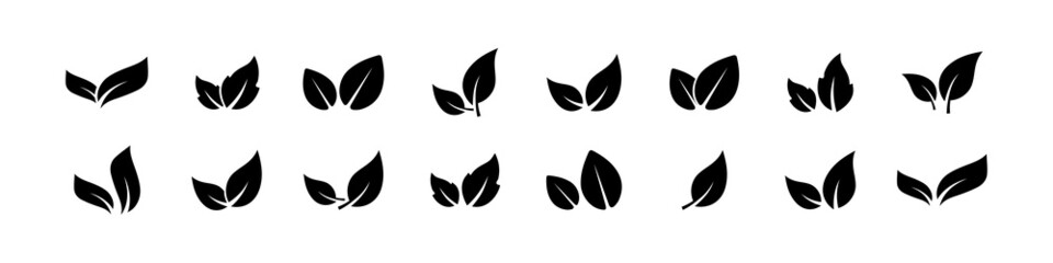 Black leaves icon set isolated on white background. Eco leaves. Eco, bio sign logo. Health care. Nature art. Vegeterian and vegan signs and sumbols. Different leaves shapes. Vector graphic.