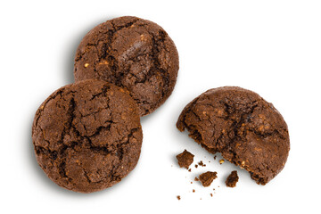 chocolate cookies isolated on white background with clipping path and full depth of field. Top view. Flat lay