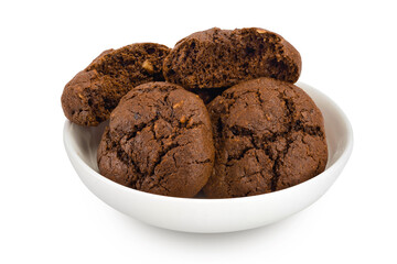 chocolate cookies in ceramic bowl isolated on white background with clipping path and full depth of field