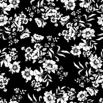 vector seamless two color hand drawn floral pattern on black background. Multidirectional allover design with flowers and leaves. Spring summer bloom, flowers in bouquets. Black and white