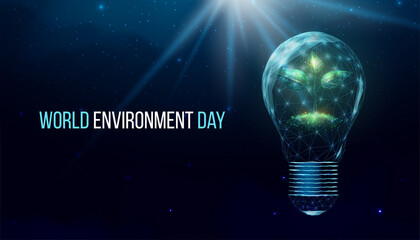 World environment day concept. Banner with wireframe polygonal plant in a lightbulb. Futuristic modern abstract background. Vector illustration