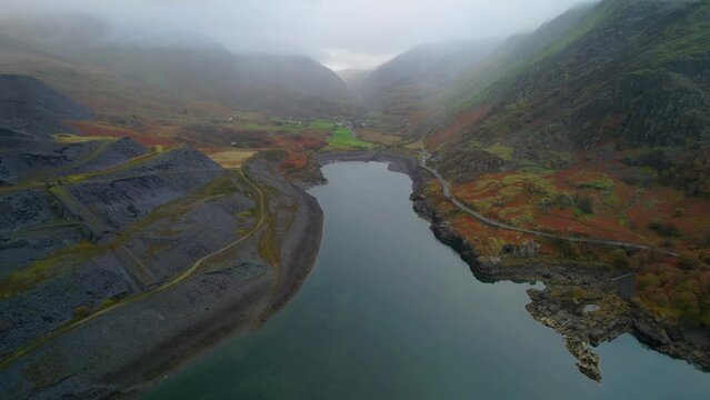 Dinorwic Quarry and Slate Mining by Lake in Wales, UK - Aerial