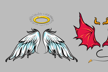 Angel and demon cartoon comic style attribute elements. Vector art of halo, wings, horns, tail. Good and bad concept illustration. Isolated on gray background