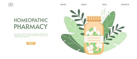 Homeopathic pills. Alternative medicine. Homeopathic treatment and phytotherapy concept. Herbal capsules in bottle against background of leaves. Homeopathic pharmacy. Landing page template.
