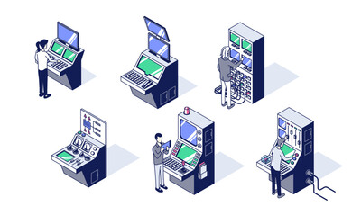 Isometric control panels, monitoring systems and dashboards with people - obrazy, fototapety, plakaty