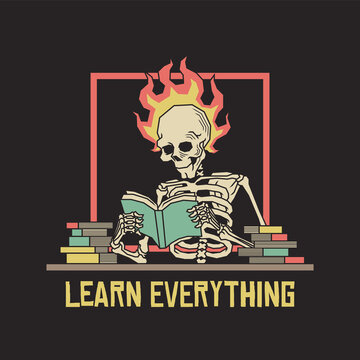 Retro illustration of skeleton reading book