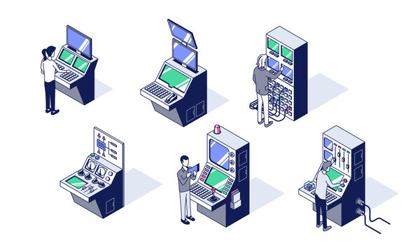 Isometric control panels, monitoring systems and dashboards with people