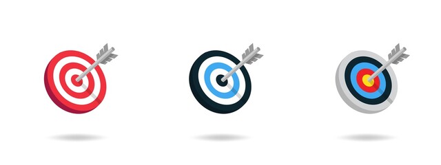 Realistic archery target set. Shoting target set with arrow. Set of targets isolated on white background. Reaching the goal concept. Business goal. Vector illustration. Arrow icon.