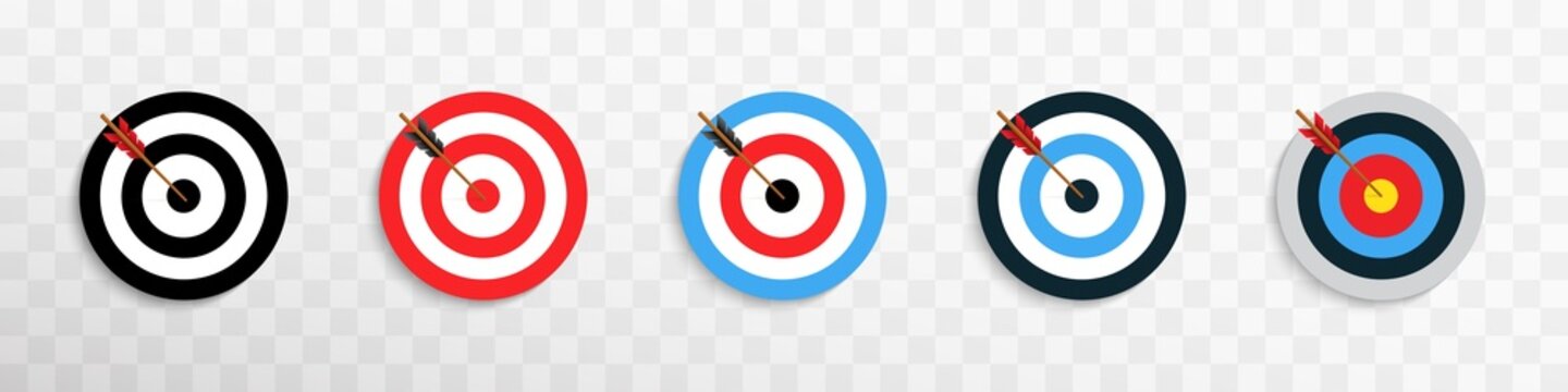 Archery targets with arrow realistic illustration on transparent background. Set of targets with arrow. Business goal strategy concept. Reaching a goal concept. Vector illustration