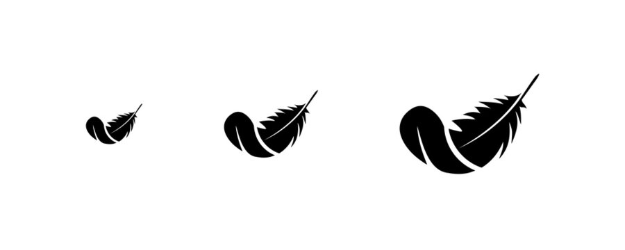 Bird feathers icon set isolated on white background. Different birds feathers. Feather shapes silhouetes. Plumelet collection. Bird feather. Wings icons. Flying concept icons. Vector graphic.