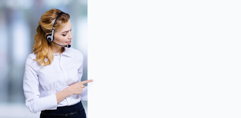 Call Center Service concept - customer support or sales agent. Businesswoman, caller, phone...