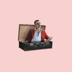 Contemporary art collage. Brutal stylish man sticking out vintage suitcase isolated over light...
