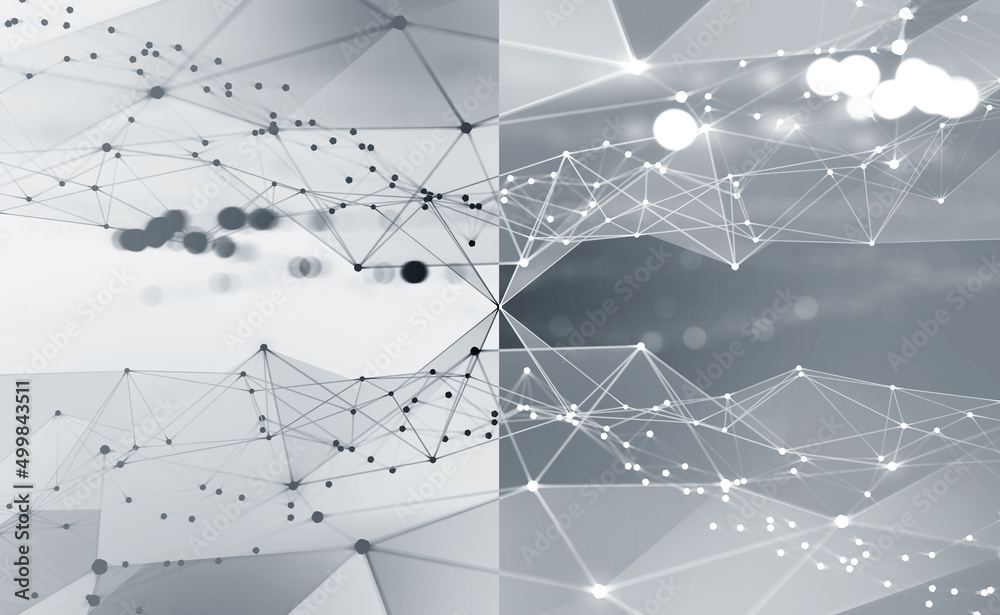 Poster black-white interior poster. polygonal network and high tech 3d illustration. border of two worlds a