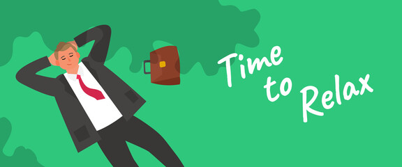 time to relax businessman lying on green  grass top view vector illustration