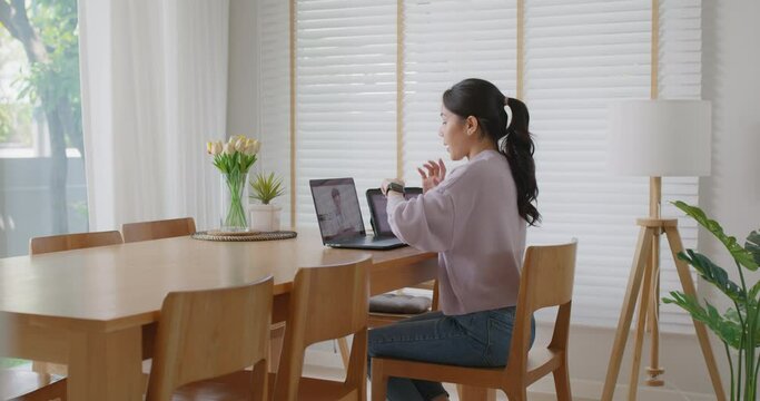 Asia people young woman video call talk chat help guide online at home by AI tele consult telehealth telemedicine app clinic in IoT device collect ECG data heart pulse sleep rate on cloud computing.