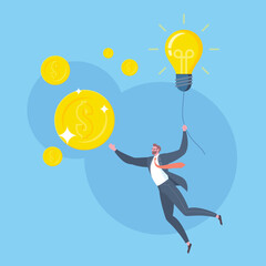Strategic goals for business, mission accomplishment, success with ideas or great idea to achieve target concept. Businessman holds a flying light bulb to reach golden US dollar coin in blue scene.
