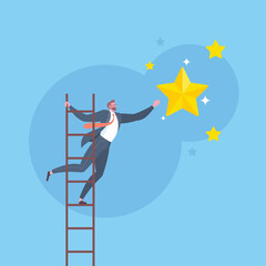 Business goals, mission accomplishment, career growth, improve skill to success or ladder to achieve target concept. Businessman climbing ladder to reach the golden star in blue background.