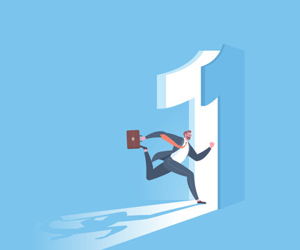The doorway to success, key to success, business goals, target achievement, successful career or victory concept. Businessman is running toward to the number one shaped doorway in blue background.