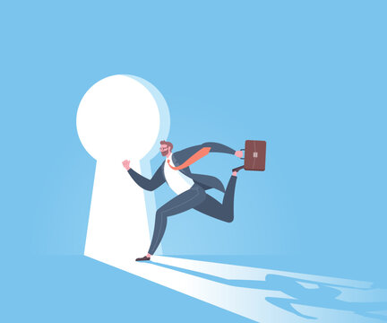 The doorway to success, key to success, business goals, target achievement, successful career or victory concept. Businessman is running toward to the keyhole shaped doorway in blue background.