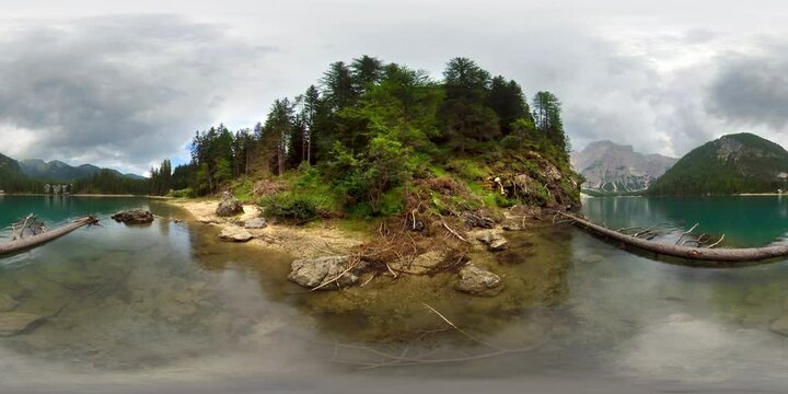 360 Panoramic Footage of a Lago di Braies Glacial Lake and Mountain Forest. Alps