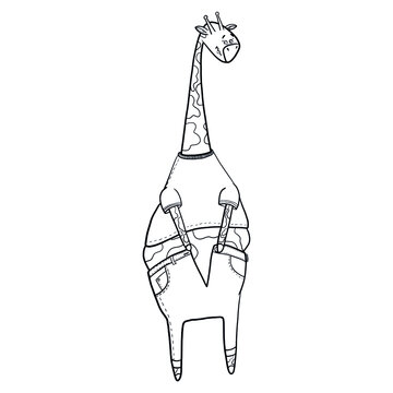 Funny fat giraffe can't wear pants. Funny situation, the consequences of quarantine. It's time to take your weight