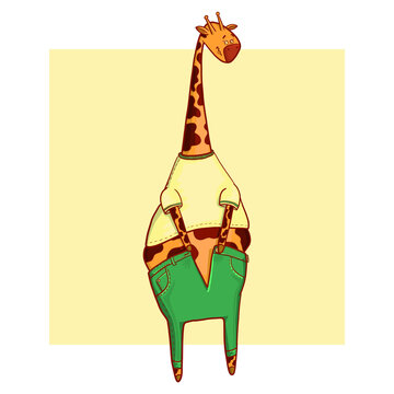 Funny fat giraffe can't wear pants. Funny situation, the consequences of quarantine. It's time to take your weight