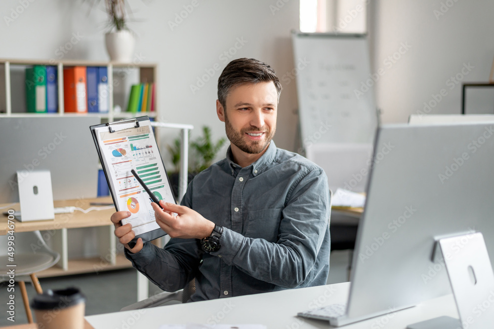 Poster telecommuting concept. cheerful male manager having video call on computer, giving presentation and 