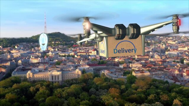 Drone parcel delivery service. Multicopter flying big package into city. Drone delivering post package to your home. 3d rendering delivery drone flying with cityscape background