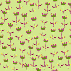 Creative flower seamless pattern. Unusual floral wallpaper. Botanical sketch of field plants.