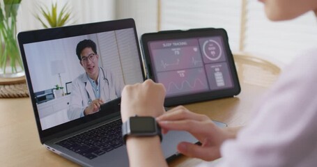Asia people young woman video call talk chat help guide online at home by AI tele consult telehealth telemedicine app clinic in IoT device collect ECG data heart pulse sleep rate on cloud computing. - Powered by Adobe
