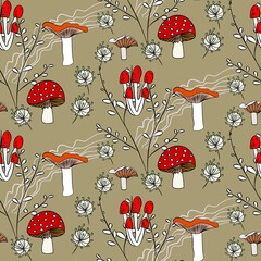 Vector seamless half-drop pattern, with mushrooms