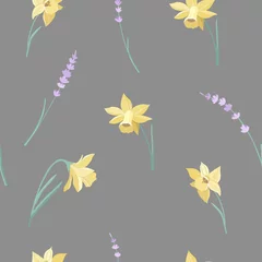 Foto op Aluminium Vector seamless pattern with yellow narcissuses and purple lavender © Карина Дорожкина