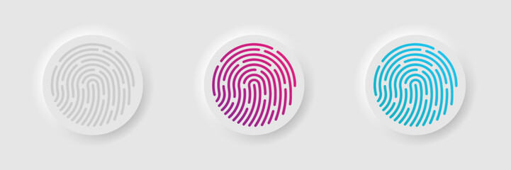 Neumorphism fingerprint password buttons set. Fingerprint round button in modern neumorphic trendy style. UI, UX set for mobile app. Lock, unlock button. Vector Graphic. - obrazy, fototapety, plakaty