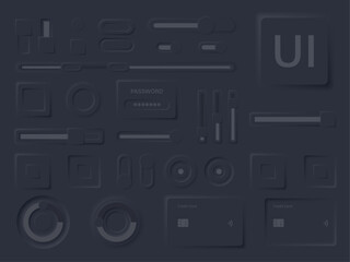 Fototapeta na wymiar Dark neumorphism User interface design kit. Neumorphism UI UX icons set. User interface elements for apps. Neumorphic buttons collection. Vector graphic