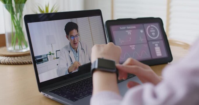 Asia people young woman video call talk chat help guide online at home by AI tele consult telehealth telemedicine app clinic in IoT device collect ECG data heart pulse sleep rate on cloud computing.