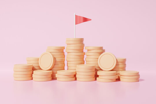 Embroidered flag stack coins, Financial graph economics analytics. growth target achievement cost reduction saving investment education concept. on pink background. 3d render illustration