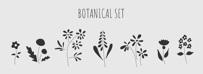 Flowers vector icon set. Botanical icons set. Simple flowers herbs icons for tattoo, print, poster, card etc. Minimalist graphic sketch hand drawn botanical elements. Vector design illustration image