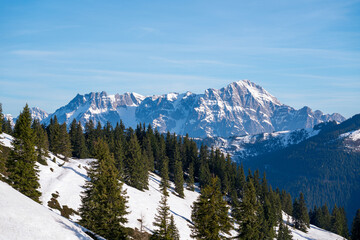 beautiful sunny day in the alps in the hohe tauern national park in austria with clear blue sky and snow capped mountains 