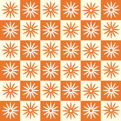 Daisy flowers on orange and white checkerboard seamless pattern. for home décor, stationary cards and textile	