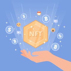 NFT token concept - hand holding non fungible token. Different currency icons amd emoji icons. Vector illusration in flat cartoon style