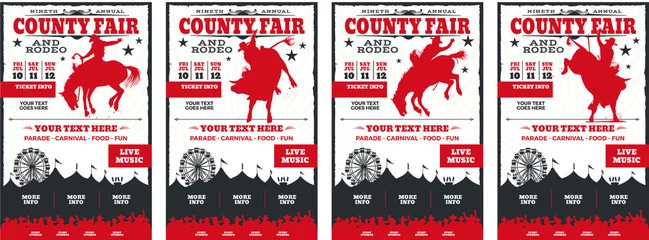 Gordijnen Four (4) county fair and rodeo event posters. Each has a different silhouette. A saddle bronc rider, a bareback rider, and 2 bull riders. © LUGOSTOCK
