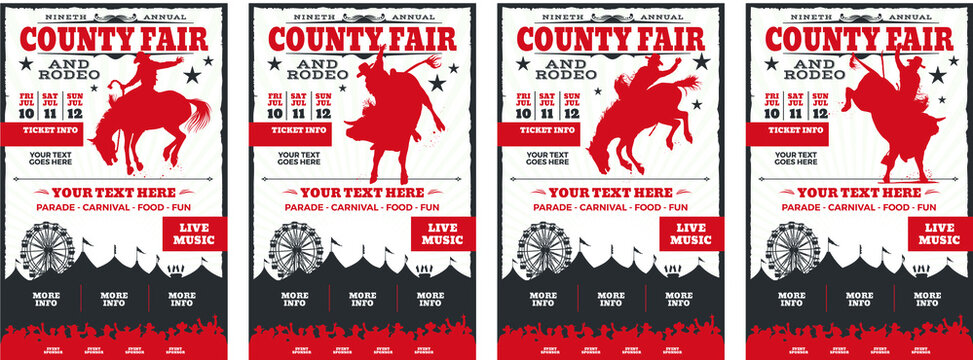 Four (4) county fair and rodeo event posters. Each has a different silhouette. A saddle bronc rider, a bareback rider, and 2 bull riders.