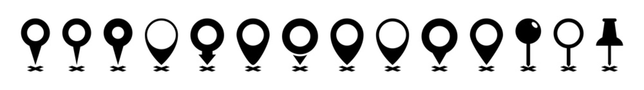 Location pin icon set. Map pin place marker. Location icon. Map marker pointer icon collection. GPS location symbol collection. Vector graphic