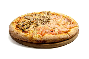 Seafood Pizza mix with mussels and shrimps on wooden cutting board isolated on white