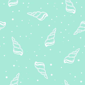 Summer seamless pattern with doodle seashell on mint green background. Cute Vector illustration for wrapping paper, fabric design, apparel print, party invitations, banner. Pastel color background