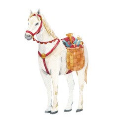 Beautiful christmas image with cute hand drawn watercolor saint nocolas white horse with gifts . Stock illustration. © zenina